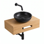 Royal Plaza Terra Planche pour lave-mains - 40x25x10cm - avec porte-serviettes - vasque à poser noir mate - robinet de lave-mains noir mat - bonde - siphon - sandwood (chêne clair) SW1574577