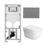 Duravit Starck 3 Pack WC avec réservoir encastré Geberit abattant avec abattant softclose Saniclass et plaque de commande QeramiQ gris clair avec boutons ronds blancs SW1164787