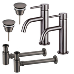 Fortifura Calvi Kit robinet lavabo - pour double vasque - robinet bas - bonde non-obturable - siphon design bas - Gunmetal PVD SW892009