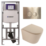 QeramiQ Dely Pack WC - 36,3x51,7cm - à fond creux - sans bride - réservoir encastré Geberit UP320 - abattant WC à fermeture douce - plaque de déclenchement en laiton brossé - boutons ronds - beige mat SW1242409