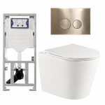QeramiQ Dely Pack WC - 36,3x51,7cm - à fond creux - sans bride - réservoir encastré Geberit UP320 - abattant WC à fermeture douce - plaque de déclenchement en laiton brossé - boutons ronds - blanc mat SW804614