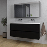 Saniclass Chaci Ensemble meuble de salle de bains - 120x46x55cm - lavabo en céramique blanc - 2 vasques - sans trous de robinet - 2 tiroirs - armoire miroir - noir mat SW856555