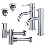 FortiFura Calvi Kit robinet lavabo - pour double vasque - robinet bas - bonde non-obturable - siphon design bas - Chrome brillant SW891986