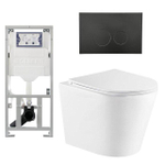 QeramiQ Dely Pack WC cuvette sans bride 36.3x51.7cm avec bâti-support Geberit UP320 abattant WC blanc mat frein de chute et plaque de commande Noir mat boutons Ronds SW804601