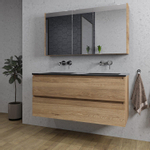 Saniclass Chaci Ensemble meuble de salle de bains - 120x46x55cm - vasque en céramique noire - 2 lavabos - sans trous de robinet - 2 tiroirs - armoire de toilette - chêne SW856585