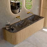 MONDIAZ KURVE-DLUX 145cm Meuble salle de bain avec module 25 G - couleur Oak - 1 tiroir - 1 porte - vasque LEAF double / droite - sans trou de robinet - couleur Lava SW1137163