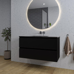 Saniclass Chaci Meuble de salle de bain - 100x46x55cm - lavabo en céramique noir - 1 vasque - sans trous de robinet - 2 tiroirs - ronde miroir avec éclairage - noir mat SW816297