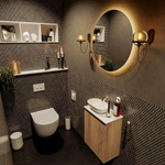 Mondiaz Fowy Meuble WC - 40x50x23cm - chêne blanchi mat - 1 trou de robinet - lavabo à gauche - 1 porte - solid surface - plan Mélamine - lavabo : Blanc / Noir SW761433