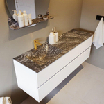 Mondiaz VICA-DLUX ensemble de meuble de salle de bain - 150cm - meuble sous lavabo talc - 4 tiroirs - lavabo encastré cloud gauche - 1 trou de robinet - miroir modèle spot - version XL 60cm haut - lave SW1098573