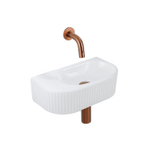 QeramiQ Fuente Ensemble de Lavabo - 40x21.5x12cm - strié - demi-rond - céramique - ensemble de robinet en cuivre brossé - bouchon de vidange - siphon réduit - blanc brillant SW1233126