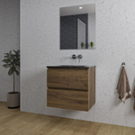 Saniclass Chaci Meuble de salle de bain - 60x46x55cm - lavabo en céramique noir - 1 vasque - sans trou de robinet - 2 tiroirs - miroir rectangulaire - noyer (hout) SW816541