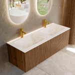 MONDIAZ KURVE-DLUX 130cm Meuble salle de bain - couleur Walnut - 2 tiroirs - vasque LEAF double - 2 trous de robinet - couleur Frappe SW1137474