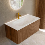 MONDIAZ KURVE-DLUX 90cm Meuble salle de bain - couleur Walnut - 1 tiroir - vasque BIG SMALL centre - 1 trou de robinet - couleur Ostra SW1137833