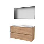 Basic-Line ensemble de meubles de salle de bains 120x46cm sans poignée 2 tiroirs vasque acrylique 0 trous de robinetterie miroir cadre aluminium noir mat tout autour mfc whisky oak SW639466