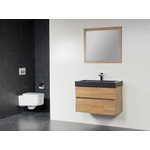 Saniclass Natural Wood Meuble salle de bain avec miroir 80cm suspendu Grey Oak avec vasque en pierre naturelle Black Spirit 1 trou pour robinetterie SW8950