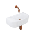 QeramiQ Fuente Ensemble de Lavabo - 40x21.5x12cm - strié - demi-rond - céramique - ensemble de robinet en cuivre brossé - bouchon de vidange - siphon abaissé - blanc mat SW1233127