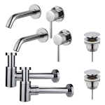 FortiFura Calvi Kit robinet lavabo - pour double vasque - robinet rehaussé - bonde clic clac - siphon design bas - Chrome brillant SW892018