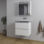 Saniclass Chaci Meuble de salle de bain - 60x46x55cm - lavabo en céramique noir - 1 vasque - sans trou de robinet - 2 tiroirs - armoire miroir - blanc mat SW856575
