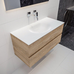 ENSEMBLE DE MEUBLE MONDIAZ VICA - 100cm - 2 tiroirs - lavabo Moon central - 0 trous de robinet - solid surface chêne blanchi SW409960
