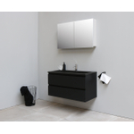 Basic Bella Meuble salle de bains avec lavabo acrylique Noir avec armoire toilette 2 portes gris 100x55x46cm 1 trou de robinet Noir mat SW491933