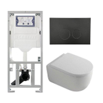QeramiQ Dely Swirl Ensemble WC- 36.3x51.7cm - Réservoir encastré Geberit UP320 - Abattant de 35mm d'épaisseur - Plaque de commande noire mate - Boutons ronds - Blanc mat SW1138633