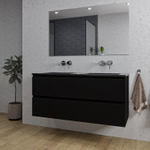 Saniclass Chaci Ensemble meuble de salle de bains - 120x46x55cm - lavabo céramique noir - 2 vasques - sans trous de robinet - 2 tiroirs - miroir rectangulaire - noir mat SW816585