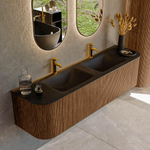 MONDIAZ KURVE 170cm Meuble salle de bain avec module 25 G et D - couleur Walnut - 1 tiroir - 2 portes - vasque CLOUD double - 2 trous de robinet - Urban SW1138520