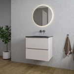 Saniclass Chaci Meuble de salle de bain - 60x46x55cm - lavabo en céramique noir - 1 vasque - sans trou de robinet - 2 tiroirs - ronde miroir avec éclairage - mat cotton (beige) SW1182352