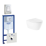 QeramiQ Salina Rimfree Pack WC avec réservoir encastrable, cuvette suspendue sans bride, abattant frein de chute et plaque de commande verticale/horizontale Inox SW158376