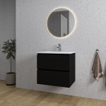 Adema Chaci Ensemble de meuble - 60x46x57cm - 1 vasque en céramique blanche - 1 trou de robinet - 2 tiroirs - miroir rond avec éclairage - noir mat SW816208