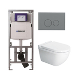 Duravit Starck 3 toiletset met Geberit inbouwreservoir toiletzitting met Saniclass softclose zitting en QeramiQ bedieningsplaat licht grijs met ronde knoppen wit SW1164787