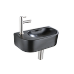 QeramiQ Fuente Ensemble de lavabo - 40x21.5x12cm - gauche - lisse - demi-rond - 1 trou de robinet - céramique - robinet de lavabo en acier inoxydable brossé - bouchon de vidange - siphon abaissé - noir mat SW1232813