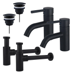 FortiFura Calvi Kit robinet lavabo - pour double vasque - robinet bas - bonde non-obturable - siphon design - Noir mat SW915294