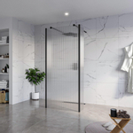 Fortifura Galeria Vrijstaande Inloopdouche - 90x200cm - helder geribbeld - antikalk - 8mm veiligheidsglas - 2 zijwanden - 30cm - wandsteunen en hoekprofielen - mat zwart SW993059