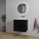 Adema Chaci Ensemble de meuble - 60x46x57cm - 1 vasque en céramique blanche - sans trou de robinet - 2 tiroirs - miroir rond avec éclairage - noir mat SW816214