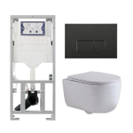 QeramiQ Dely Swirl Toiletset - 36.3x51.7cm - Geberit UP320 inbouwreservoir - met Burda frame - slim zitting - mat zwarte metalen bedieningsplaat - rechthoekige knoppen - wit glans SW1126102