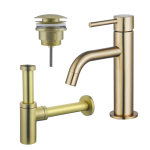 Fortifura Calvi Slim Kit mitigeur lavabo - robinet bas - bonde clic clac - siphon design - PVD Laiton brossé SW915277