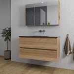 Saniclass Chaci Ensemble meuble de salle de bains - 100x46x55cm - lavabo céramique noir - 1 vasque - sans trous de robinetterie - 2 tiroirs - armoire de toilette - chêne SW856581