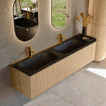 MONDIAZ KURVE 175cm Meuble salle de bain avec module 25 D - couleur Oak - 2 tiroirs - 1 porte - vasque BIG SMALL double / gauche - 2 trous de robinet - Urban SW1138426