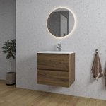 Saniclass Chaci Meuble de salle de bain - 60x46x55cm - lavabo en céramique blanc - 1 vasque - 1 trou de robinet - 2 tiroirs - ronde miroir avec éclairage - noyer (hout) SW816202