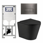 QeramiQ Dely Toiletset - 36.3x51.7cm - diepspoel - rimless - Geberit UP320 inbouwreservoir - met Burda frame - softclose toiletzitting - gunmetal bedieningsplaat - rechtehoekige knoppen - mat zwart SW804628
