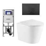 QeramiQ Dely Pack WC cuvette sans bride 36.3x51.7cm avec bâti-support Geberit UP320 abattant WC blanc mat frein de chute et plaque de commande Noir mat boutons Ronds SW804605