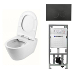 QeramiQ Salina Spoelrandloos toiletset inclusief toiletzitting, inbouwreservoir en mat zwart bedieningspaneel SW228055