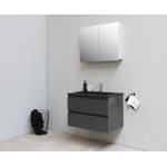 Basic Bella Meuble salle de bains avec lavabo acrylique Noir avec armoire toilette 2 portes gris 80x55x46cm 1 trou de robinet Anthracite mat SW491922