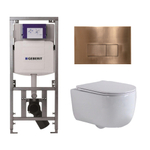 QeramiQ Dely Swirl Toiletset - 36.3x51.7cm - diepspoel - rimless - Geberit UP320 inbouwreservoir - met Burda frame - slim zitting - koperen bedieningsplaat - rechtehoekige knoppen - wit mat SW1126117