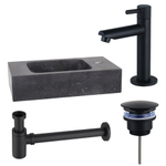 FortiFura Fuente Pack Lave-mains - 40x22x9cm - 1 trou de robinet - pierre naturelle - robinet Noir mat - Noir SW1111551