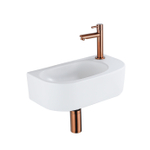 QeramiQ Fuente Fonteinset - 40x21.5x12cm - rechs - glad - halfrond - 1 kraangat - keramiek - fonteinkraan geborsteld koper - afvoerplug - verlaagd sifon - wit mat SW1232836