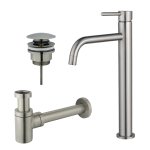 Fortifura Calvi Slim Kit mitigeur lavabo - robinet rehaussé - bonde clic clac - siphon design bas - PVD Inox brossé SW891969