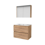 Basic-Line Comfort 46 ensemble de meubles de salle de bain 80x46cm sans poignée 2 tiroirs lavabo en porcelaine 1 trou de robinet armoire de toilette mfc whisky oak SW350989