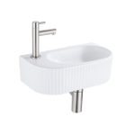 QeramiQ Fuente Fonteinset - 40x21.5x12cm - links - geribbeld - halfrond - 1 kraangat - keramiek - fonteinkraan geborsteld rvs - afvoerplug - verlaagd sifon - wit glans SW1233014